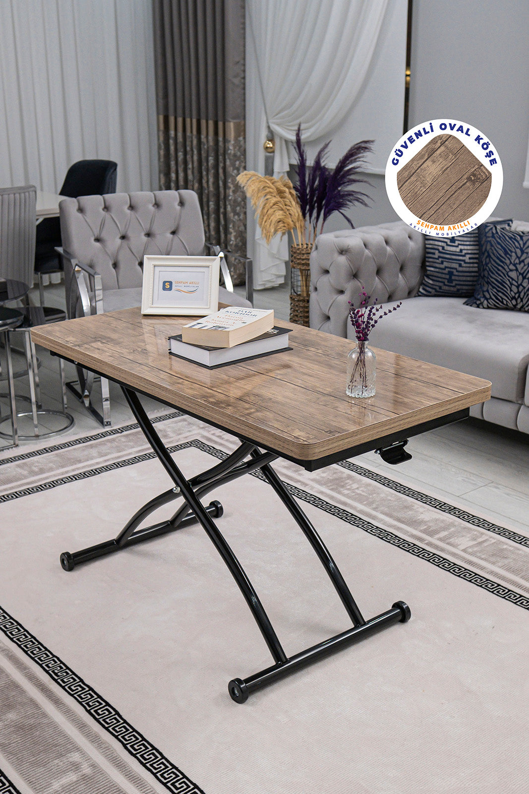 Juppo Smart Coffee Table - Antiquelight MDF Top & Black Outward Curving Metal Legs
