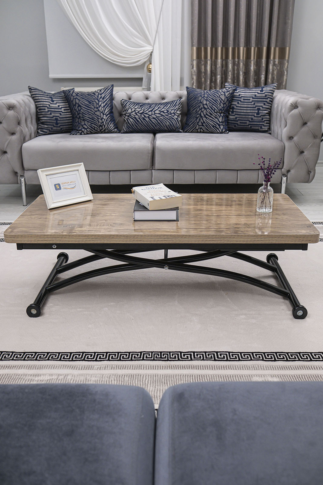 Juppo Smart Coffee Table - Antiquelight MDF Top & Black Outward Curving Metal Legs