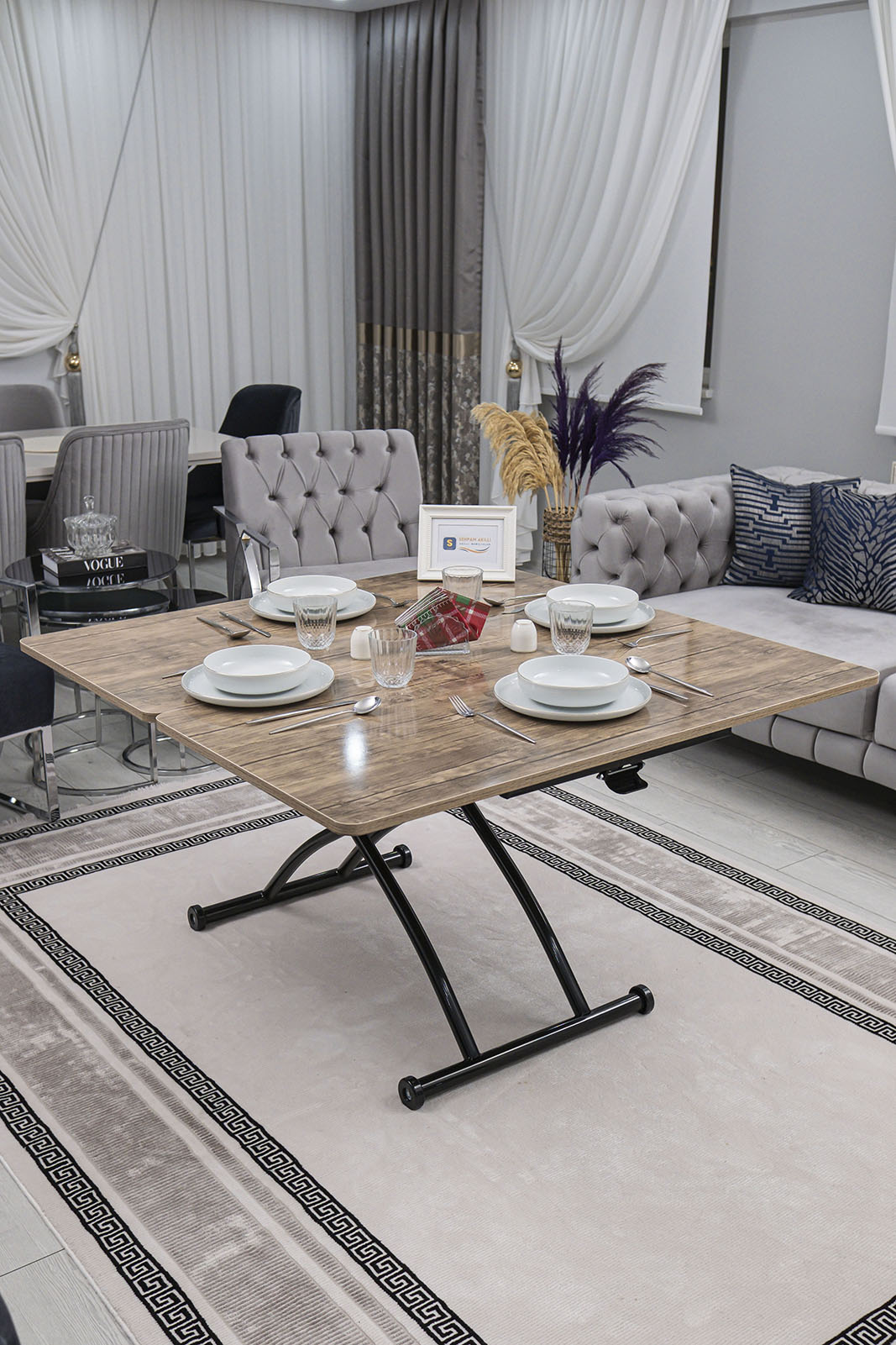 Juppo Smart Coffee Table - Antiquelight MDF Top & Black Outward Curving Metal Legs