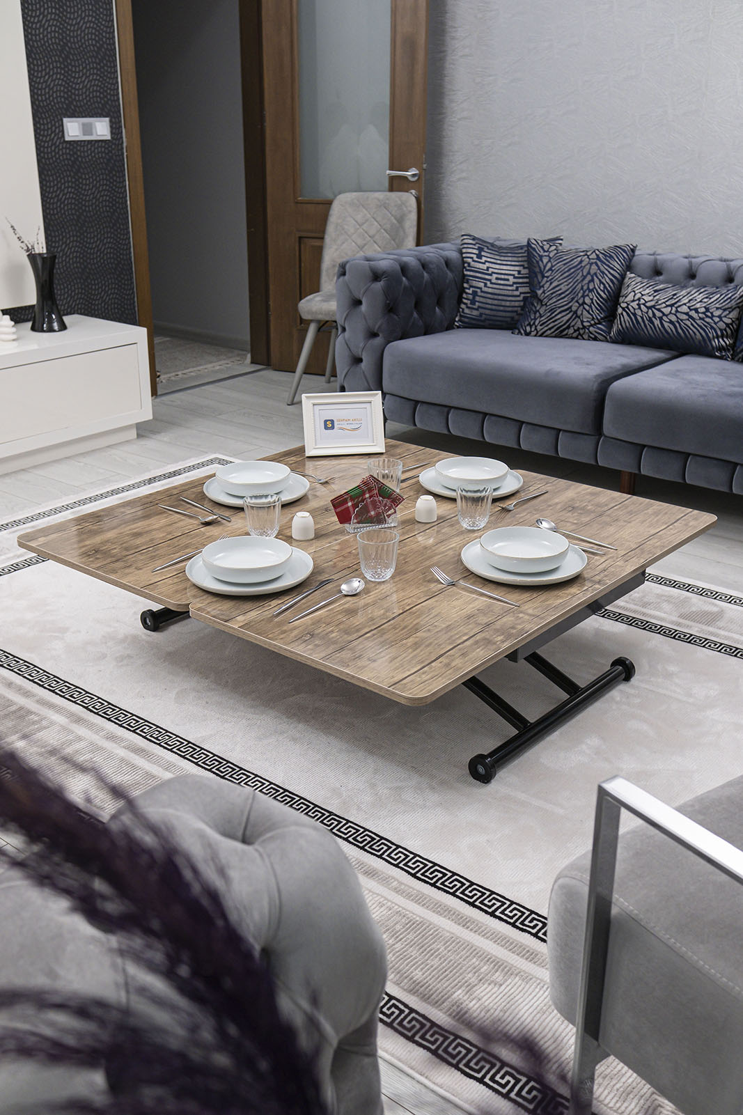 Juppo Smart Coffee Table - Antiquelight MDF Top & Black Outward Curving Metal Legs