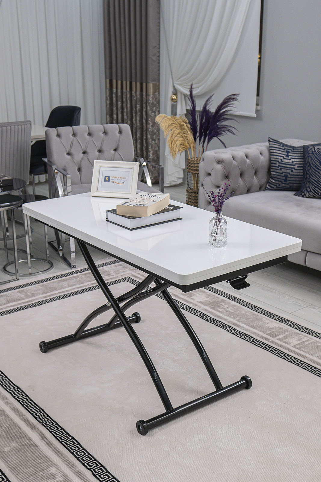 Juppo Smart Coffee Table – White MDF Top & Black Outward Curved Metal Leg