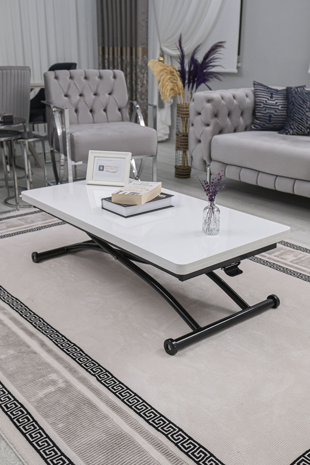 Juppo Smart Coffee Table – White MDF Top & Black Outward Curved Metal Leg