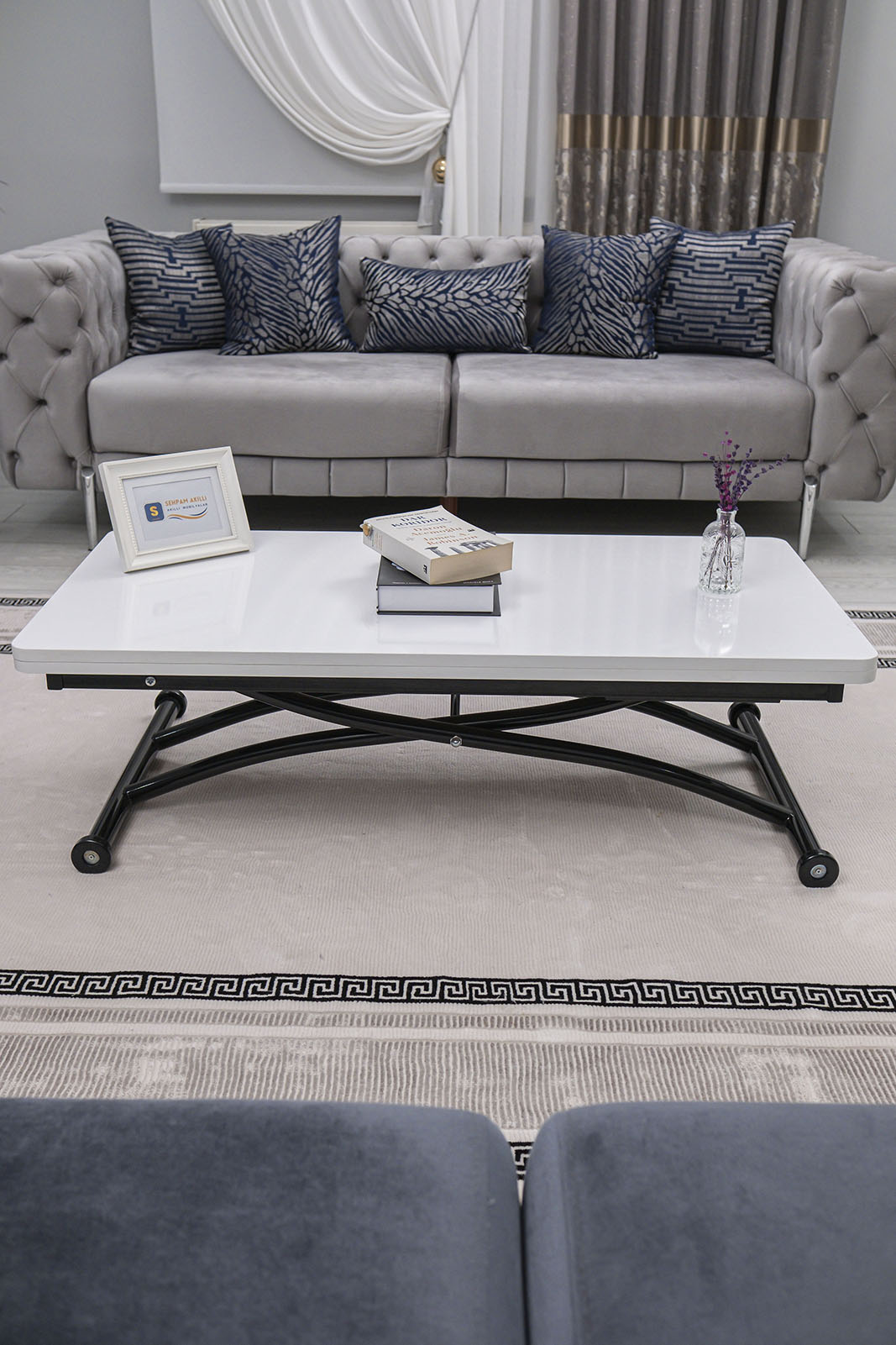Juppo Smart Coffee Table – White MDF Top & Black Outward Curved Metal Leg