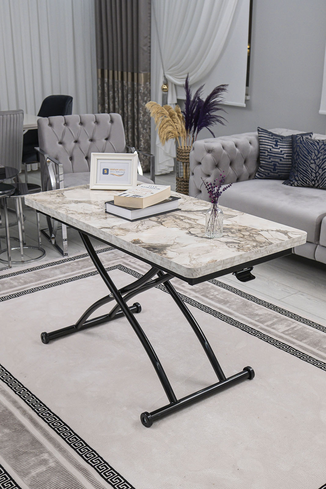 Juppo Smart Coffee Table – White Marble MDF Top & Black Outward Curved Metal Leg