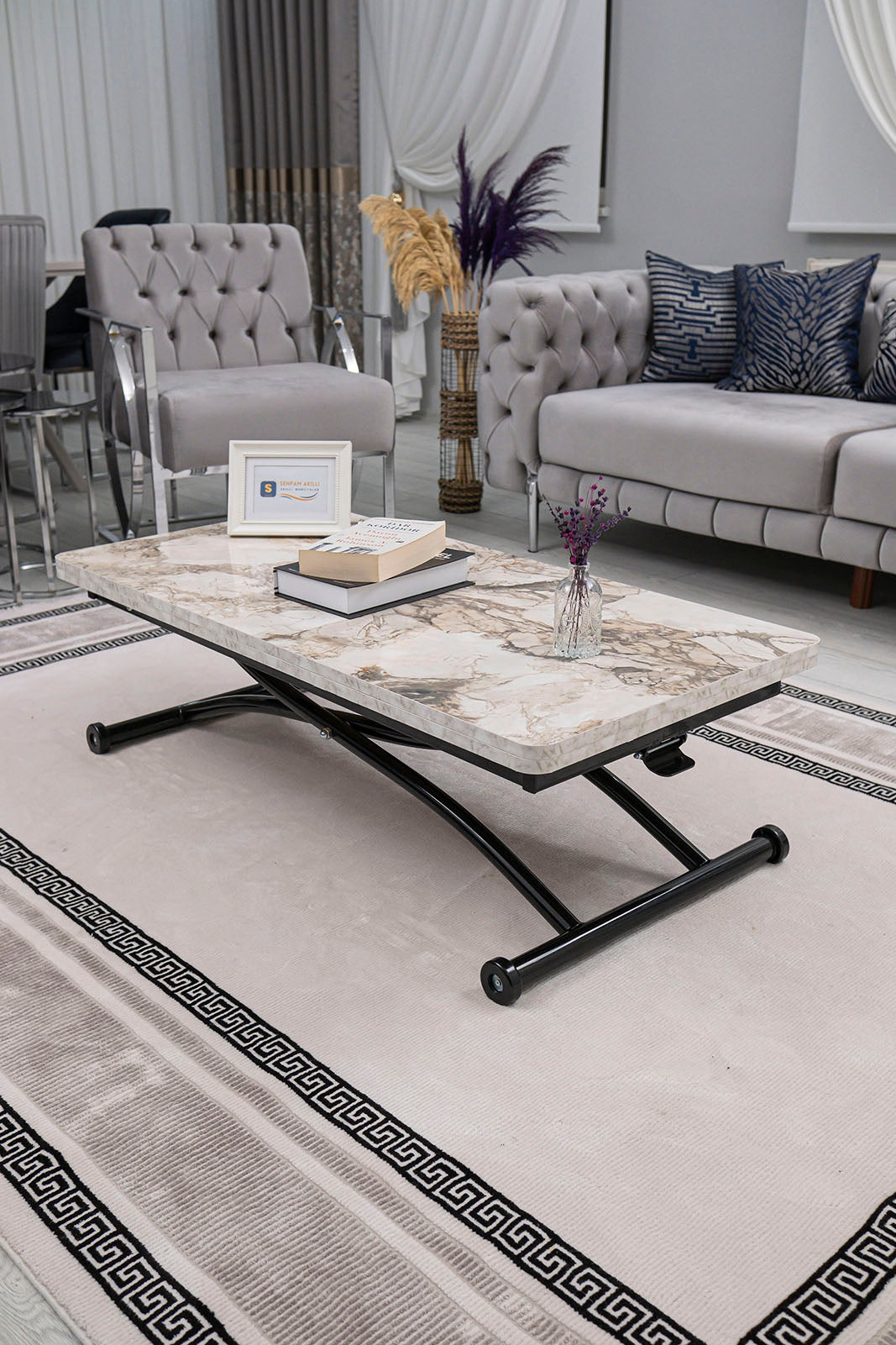 Juppo Smart Coffee Table – White Marble MDF Top & Black Outward Curved Metal Leg