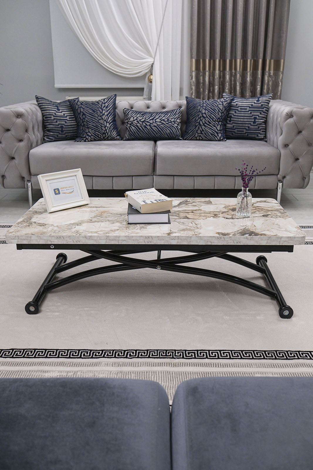 Juppo Smart Coffee Table – White Marble MDF Top & Black Outward Curved Metal Leg