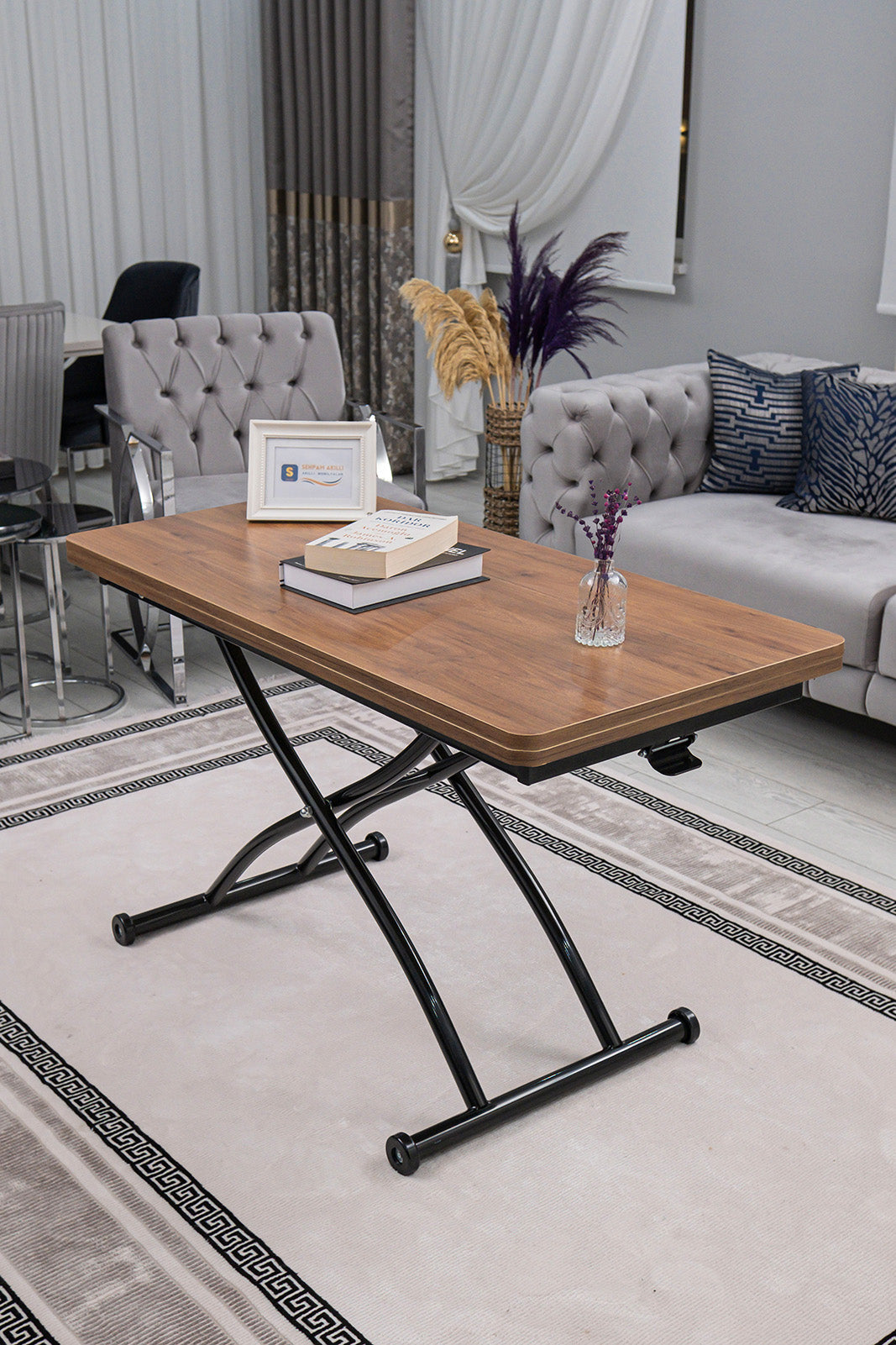 Juppo Smart Coffee Table – Walnut MDF Top & Black Outward-Curved Metal Legs
