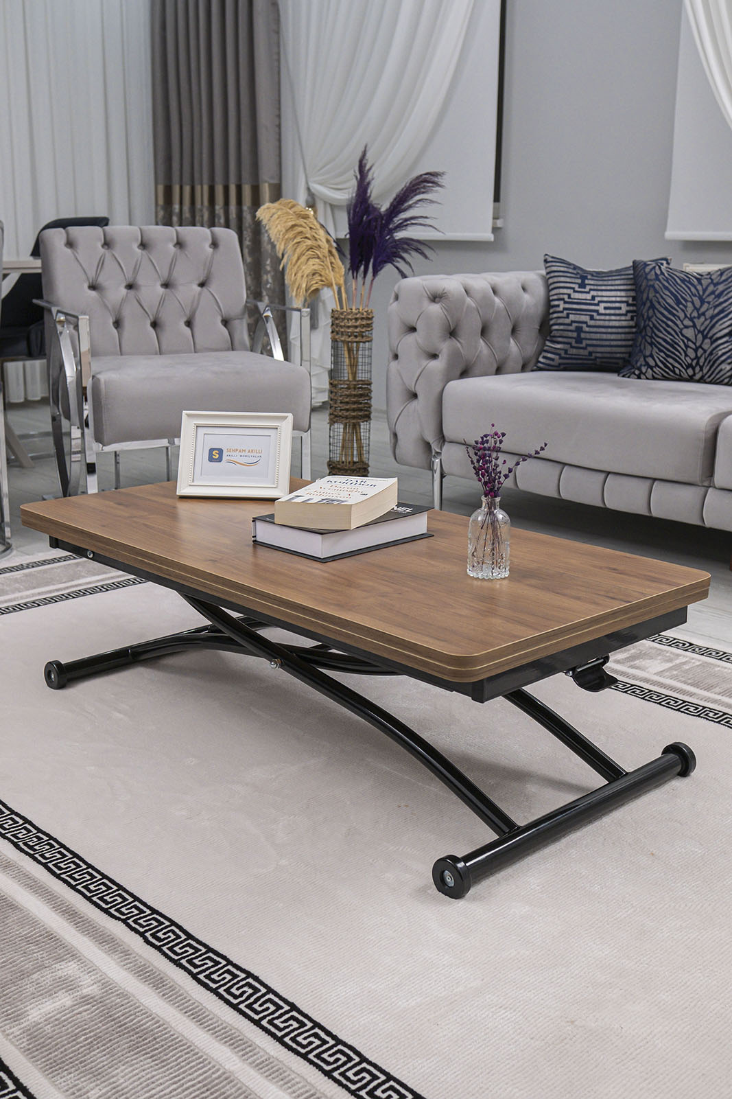 Juppo Smart Coffee Table – Walnut MDF Top & Black Outward-Curved Metal Legs