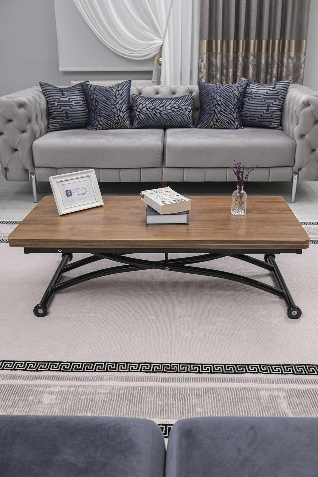 Juppo Smart Coffee Table – Walnut MDF Top & Black Outward-Curved Metal Legs