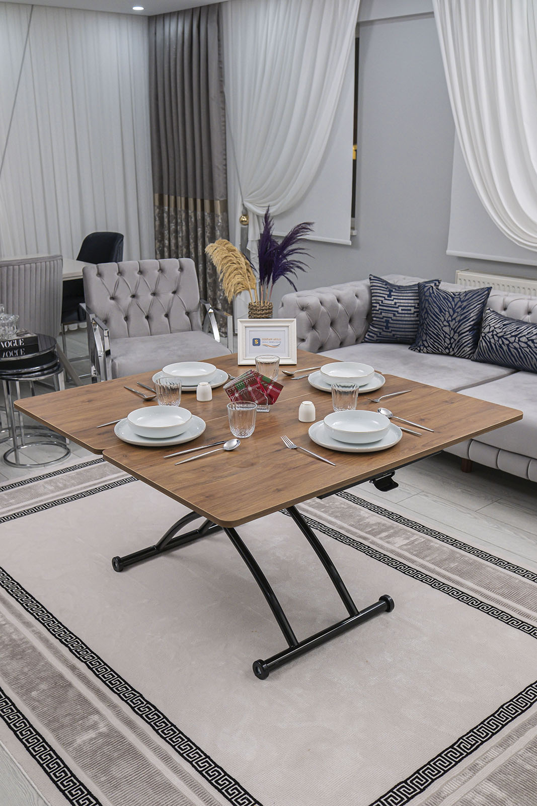 Juppo Smart Coffee Table – Walnut MDF Top & Black Outward-Curved Metal Legs