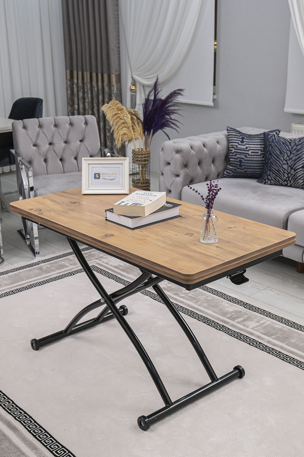 Juppo Smart Coffee Table – EfesCam MDF Top & Black Outward Curved Metal Legs