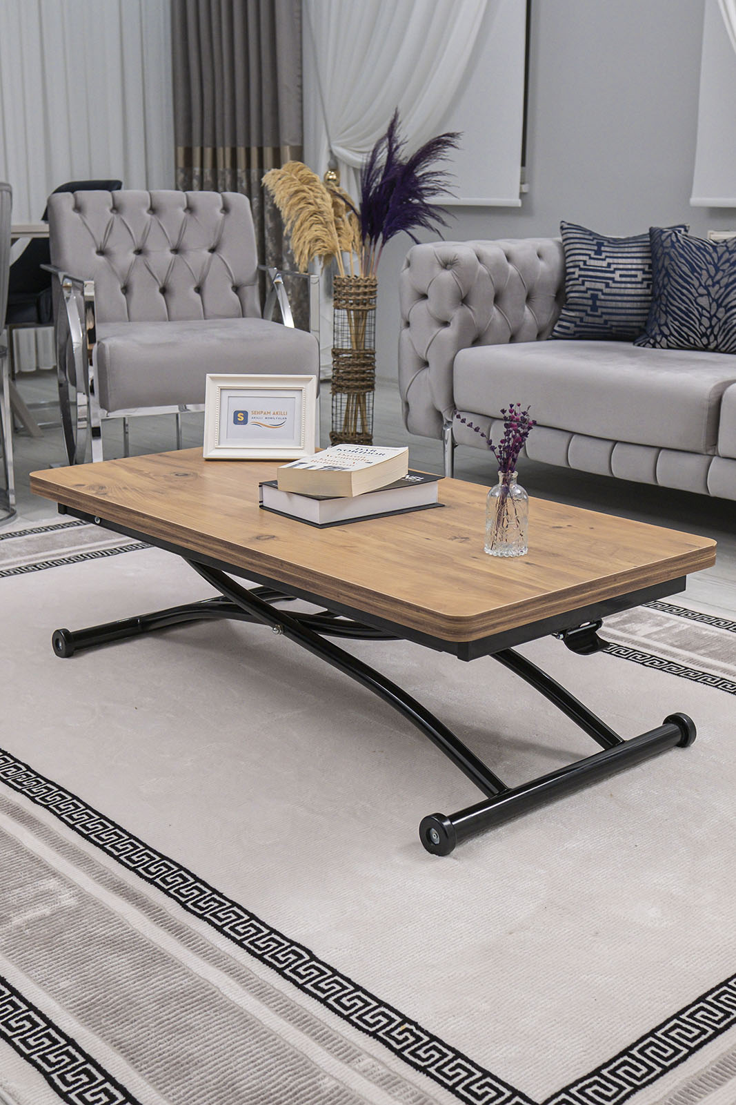 Juppo Smart Coffee Table – EfesCam MDF Top & Black Outward Curved Metal Legs