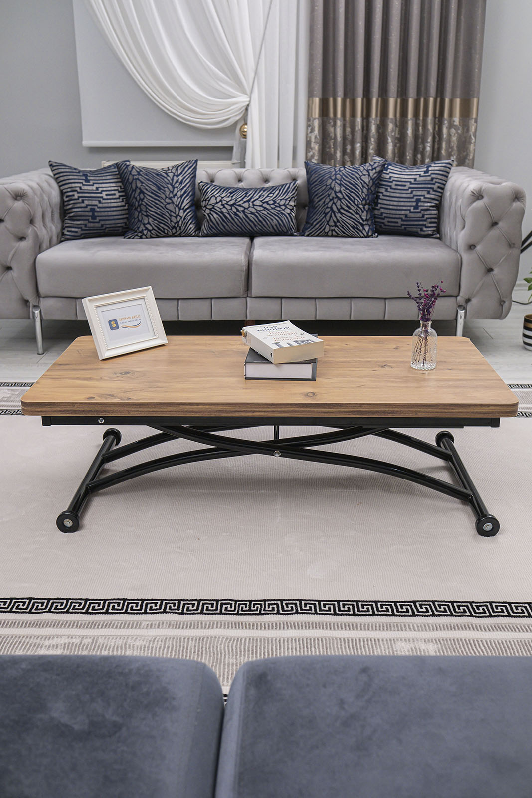 Juppo Smart Coffee Table – EfesCam MDF Top & Black Outward Curved Metal Legs