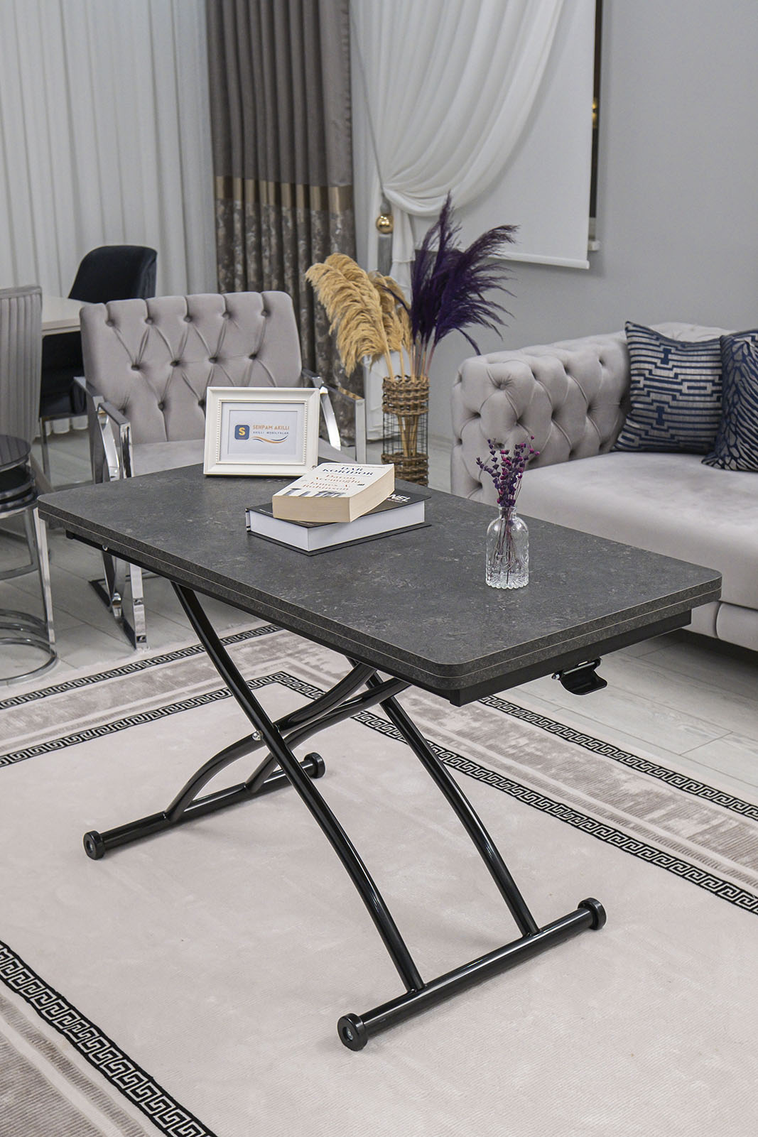 Juppo Smart Coffee Table – Grooved Anthracite MDF Top & Black Outward-Curving Metal Legs