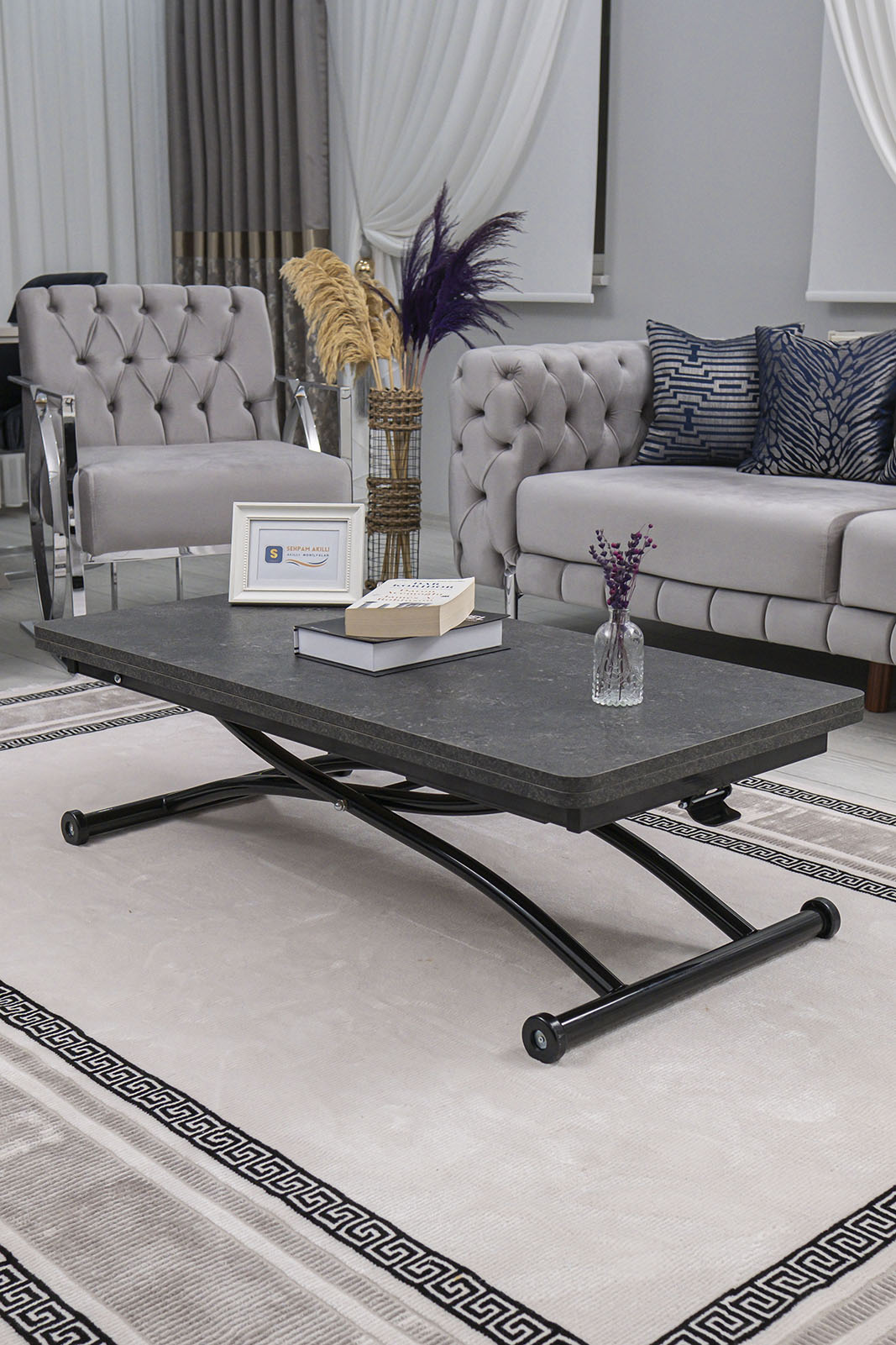 Juppo Smart Coffee Table – Grooved Anthracite MDF Top & Black Outward-Curving Metal Legs