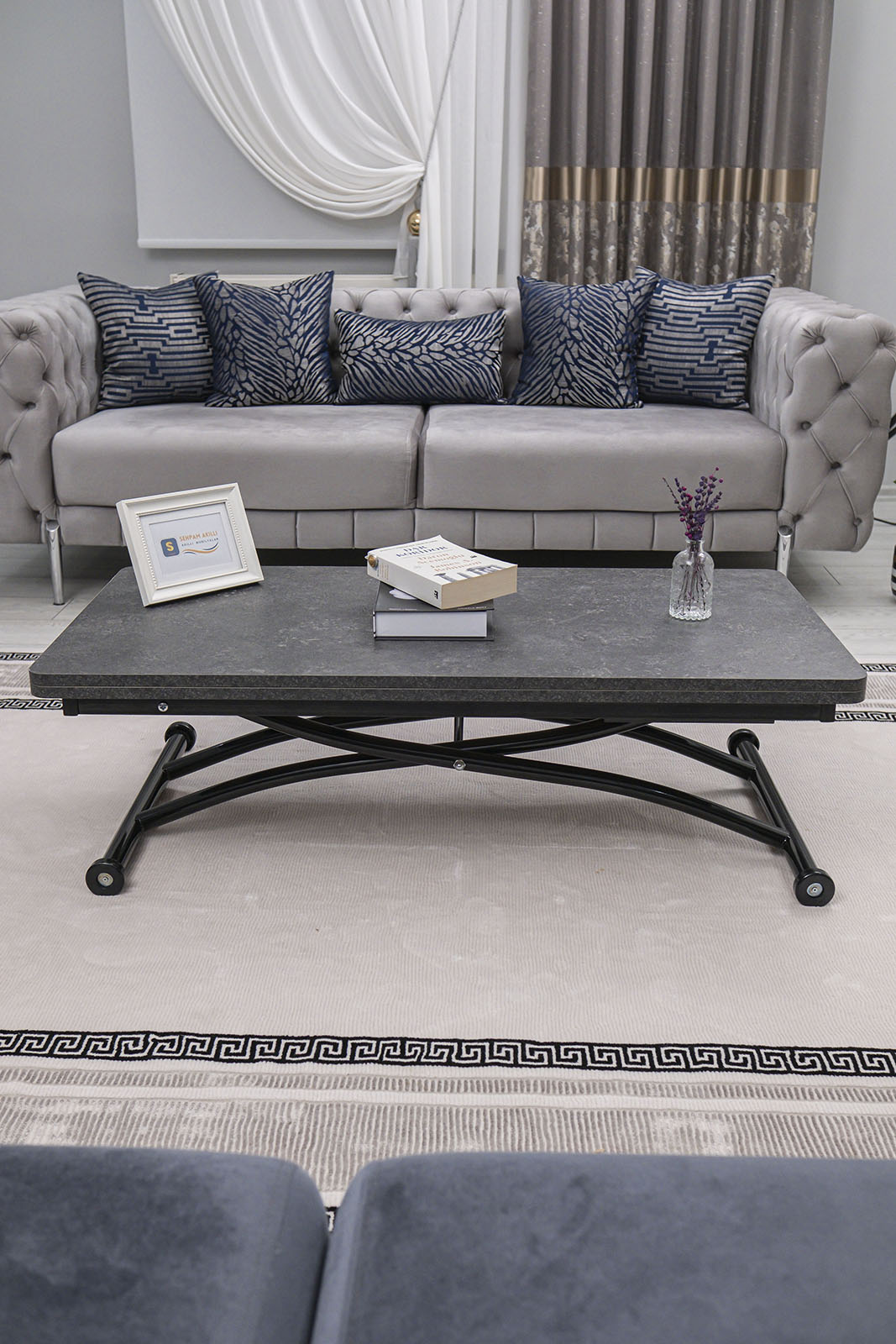 Juppo Smart Coffee Table – Grooved Anthracite MDF Top & Black Outward-Curving Metal Legs
