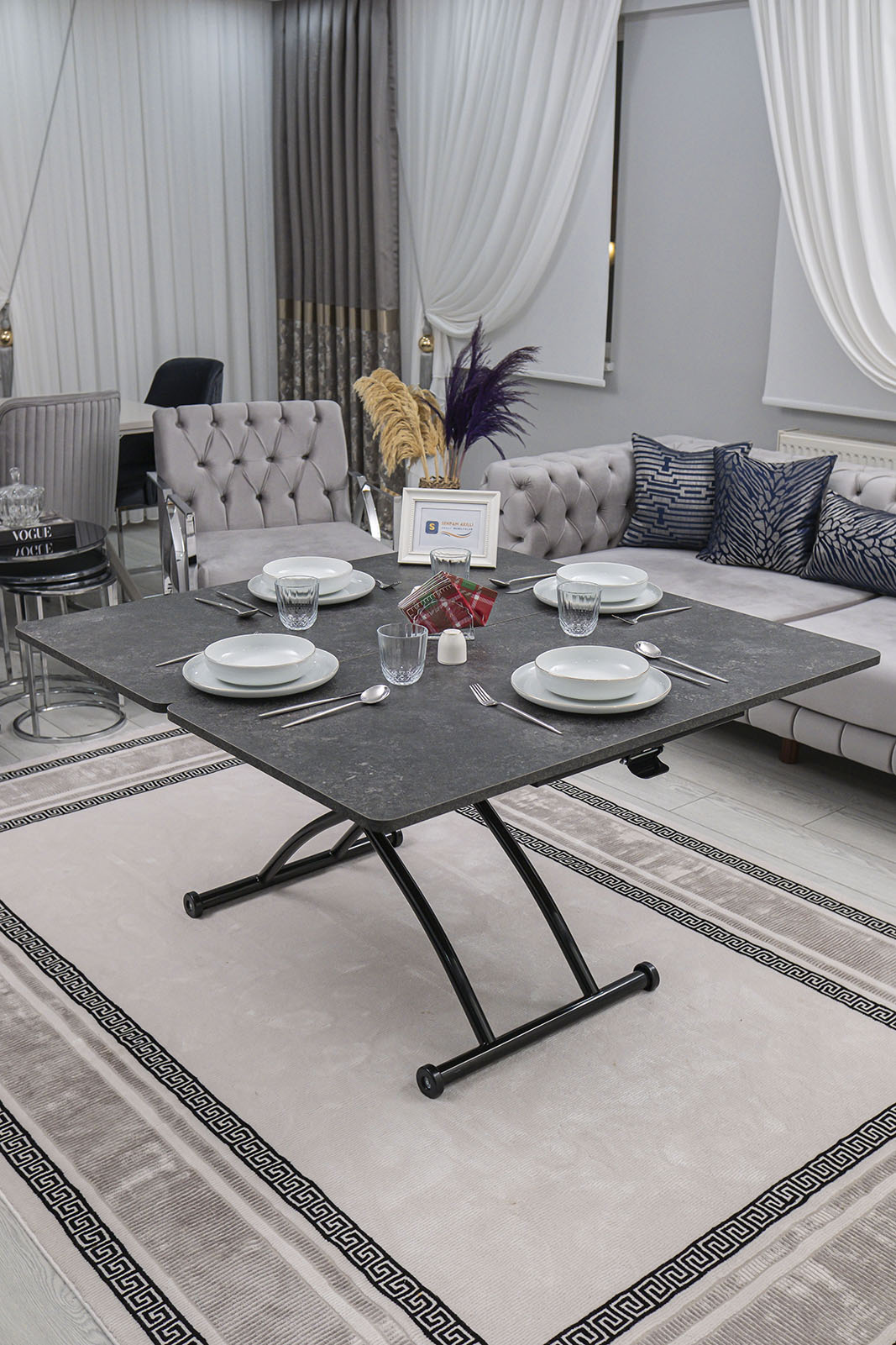Juppo Smart Coffee Table – Grooved Anthracite MDF Top & Black Outward-Curving Metal Legs