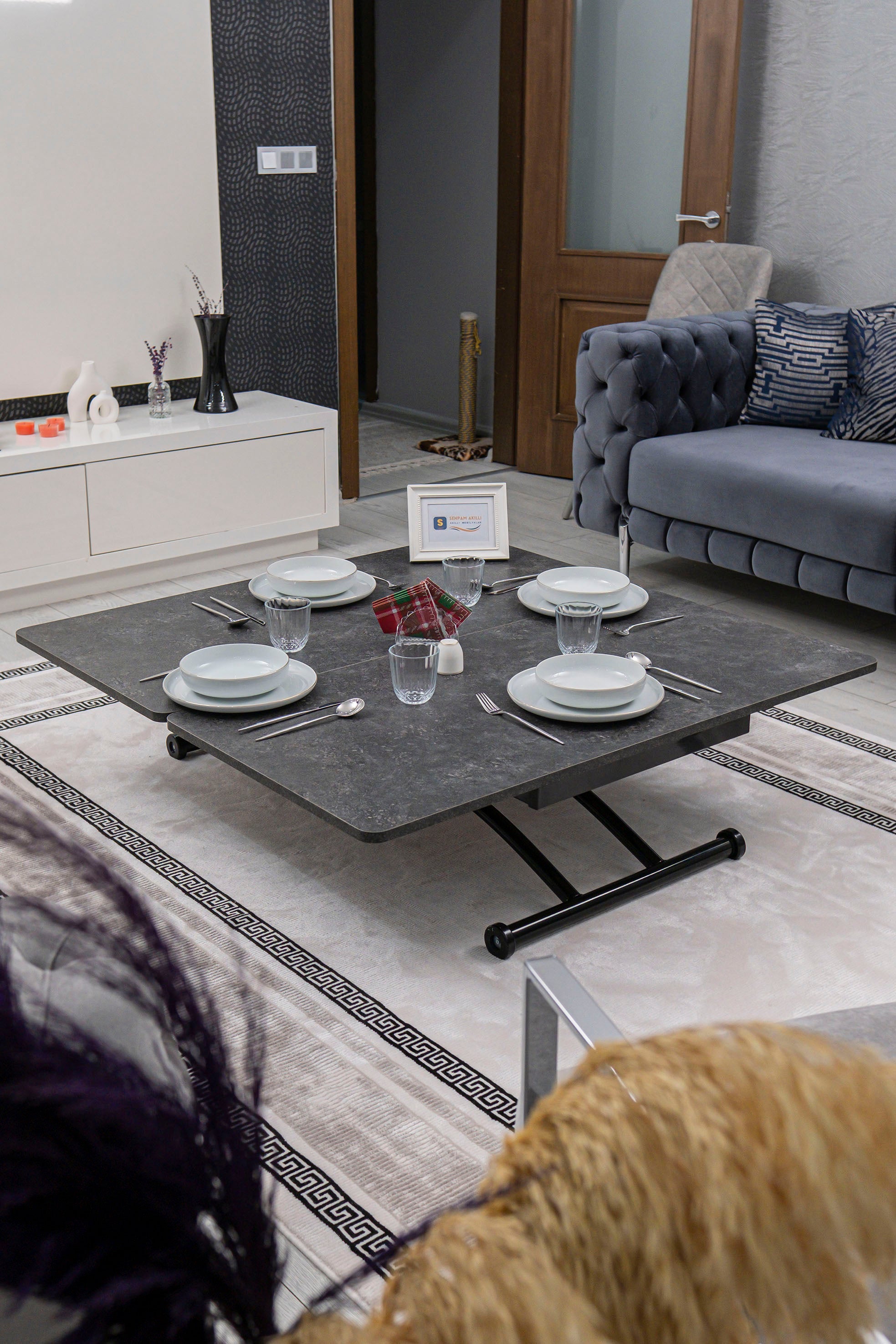 Juppo Smart Coffee Table – Grooved Anthracite MDF Top & Black Outward-Curving Metal Legs