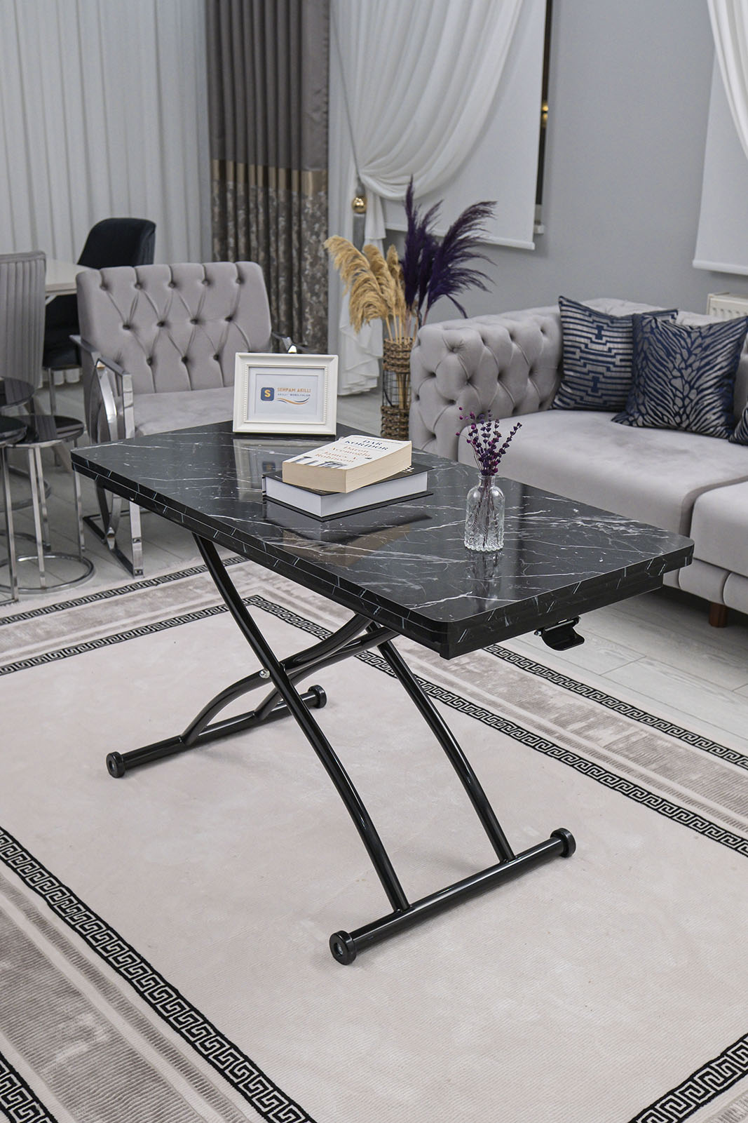 Juppo Smart Coffee Table – Black Marble MDF Top & Black Outward Curved Metal Leg