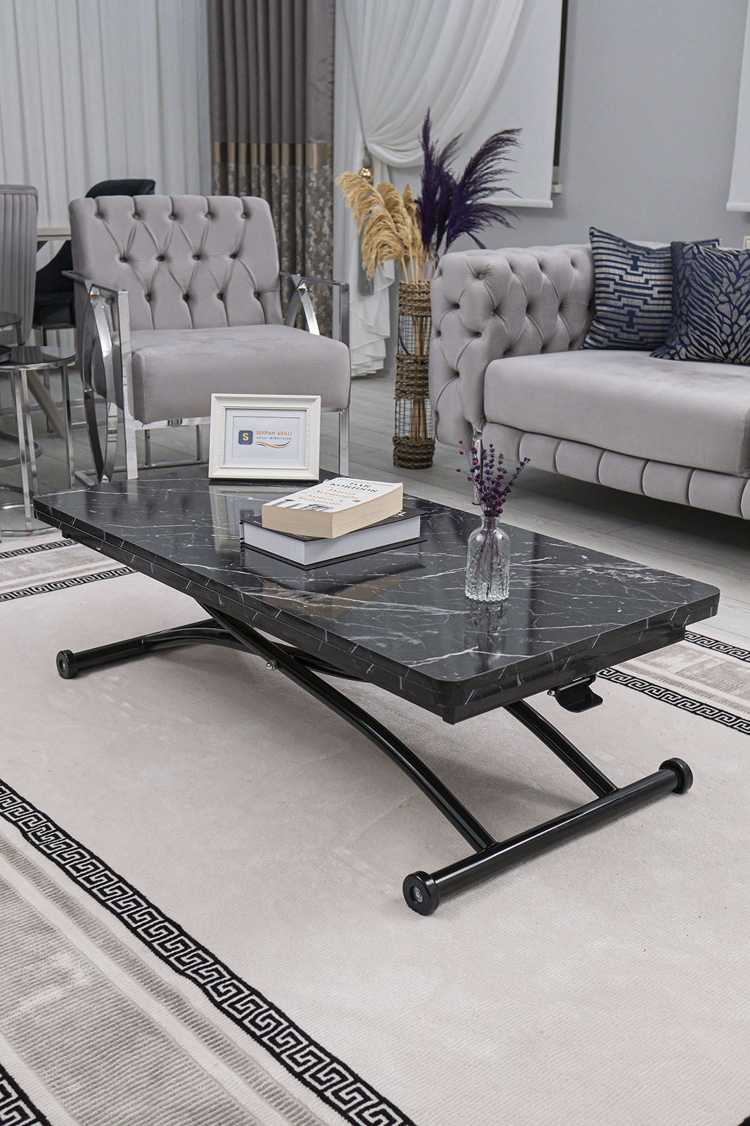 Juppo Smart Coffee Table – Black Marble MDF Top & Black Outward Curved Metal Leg