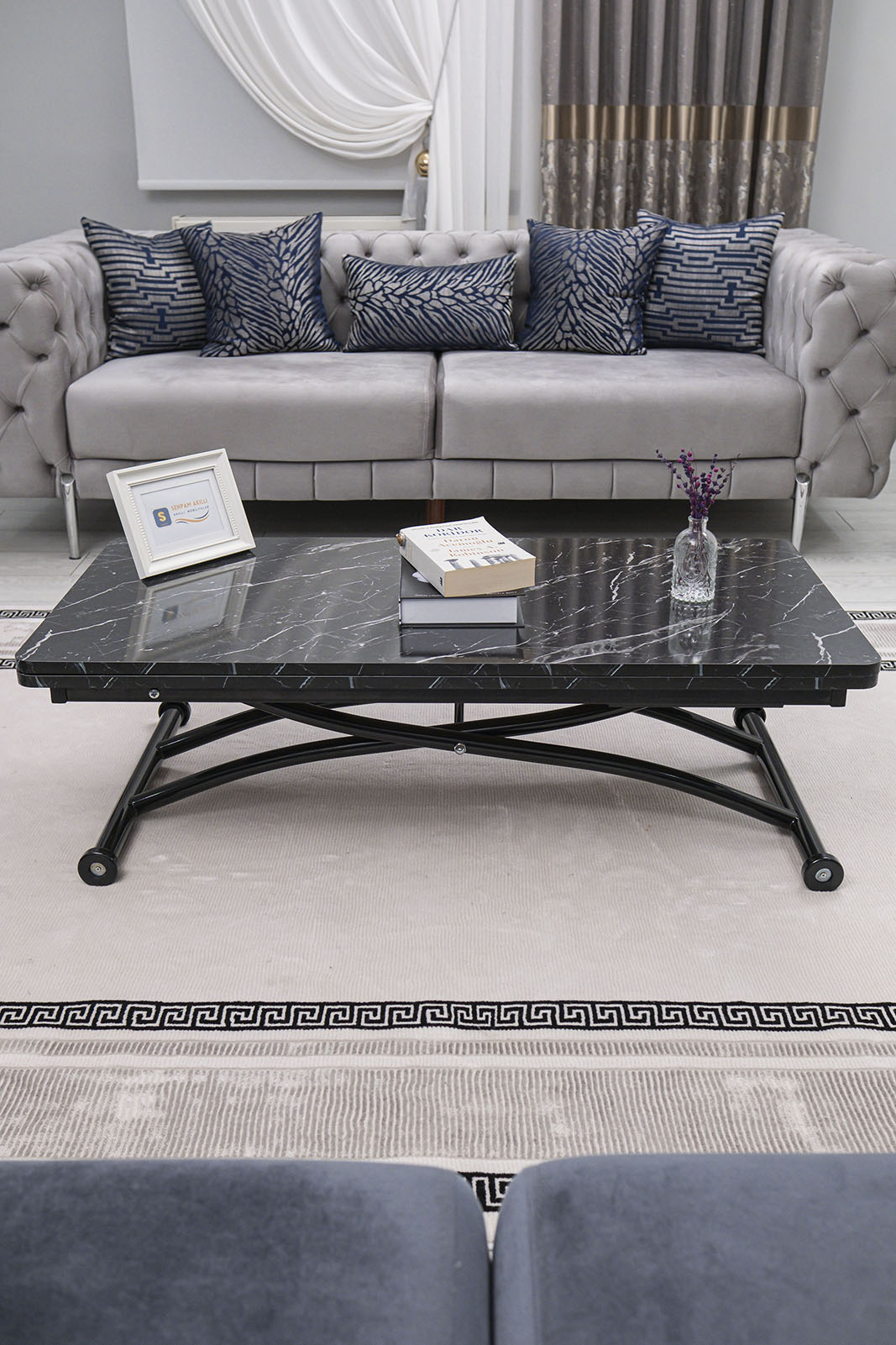 Juppo Smart Coffee Table – Black Marble MDF Top & Black Outward Curved Metal Leg
