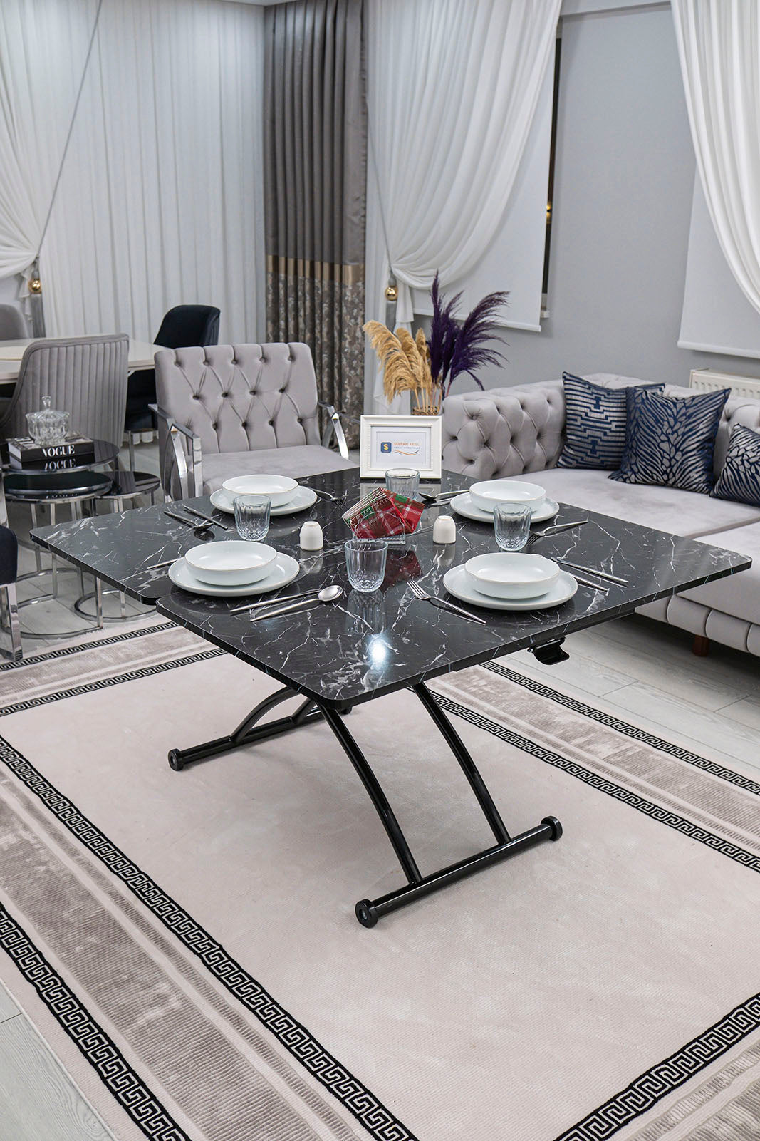 Juppo Smart Coffee Table – Black Marble MDF Top & Black Outward Curved Metal Leg