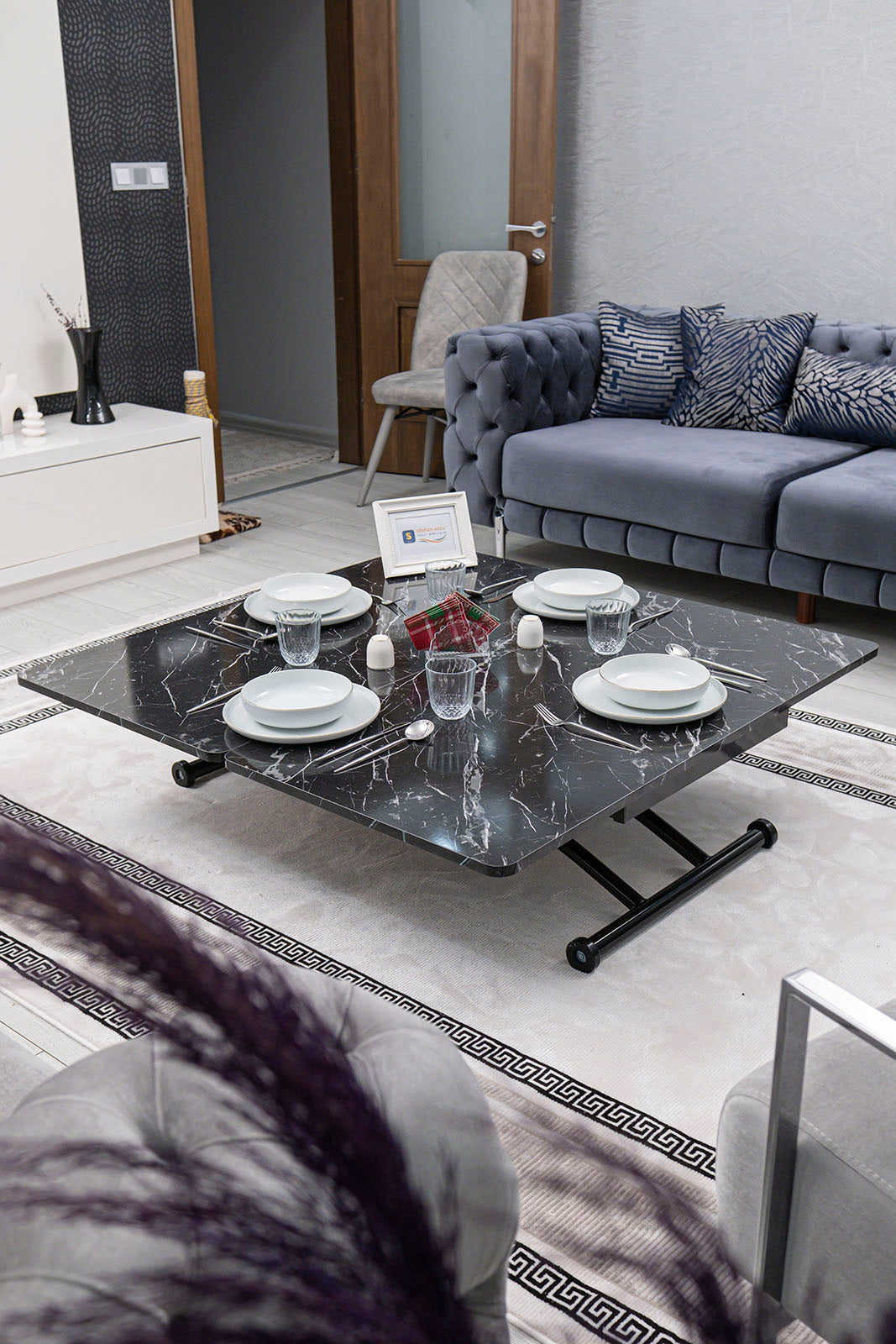 Juppo Smart Coffee Table – Black Marble MDF Top & Black Outward Curved Metal Leg