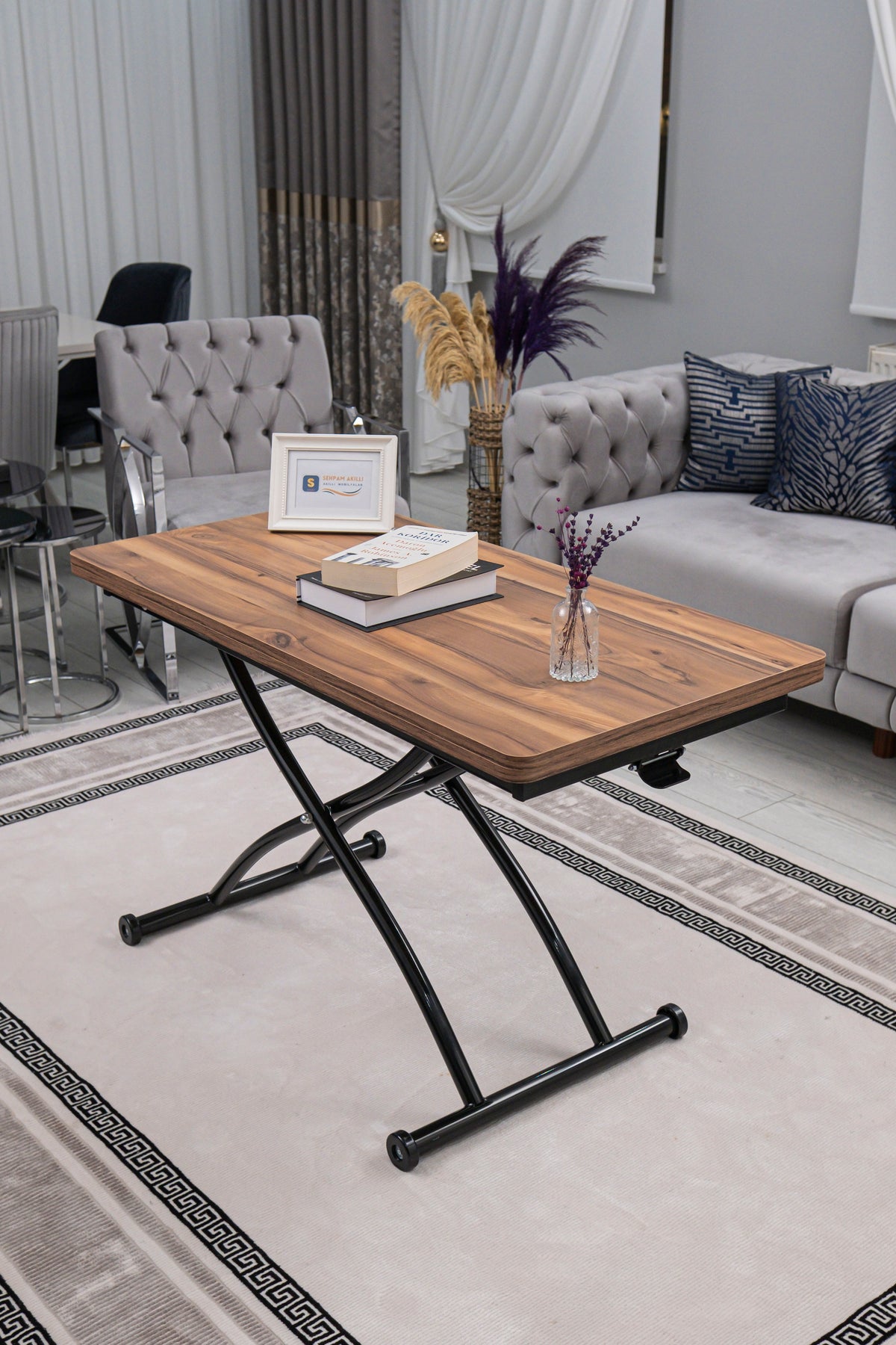 Juppo Smart Coffee Table - Antiquelight MDF Top & Black Outward Curving Metal Legs