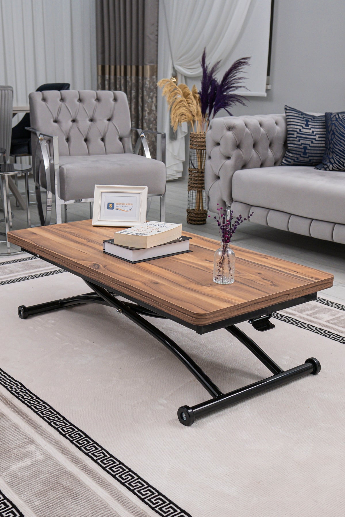 Juppo Smart Coffee Table - Antiquelight MDF Top & Black Outward Curving Metal Legs