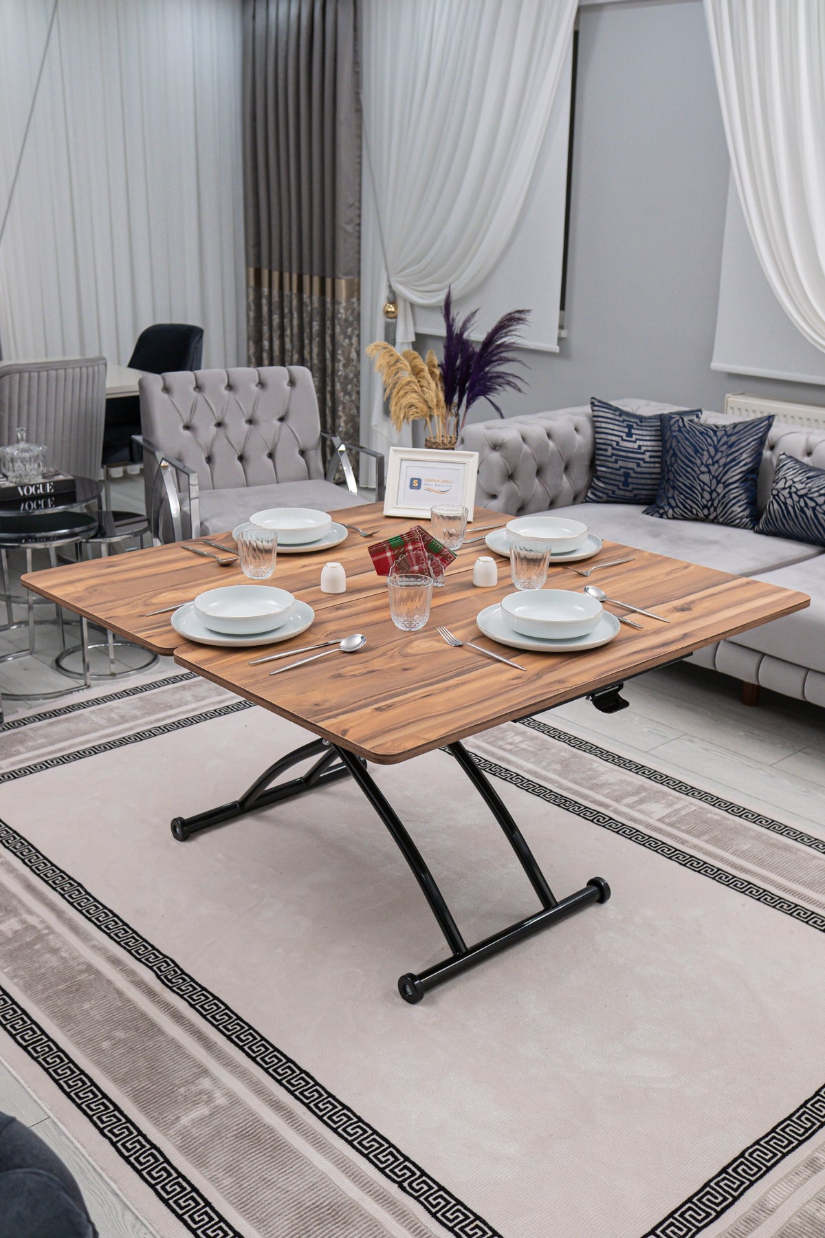 Juppo Smart Coffee Table - Antiquelight MDF Top & Black Outward Curving Metal Legs