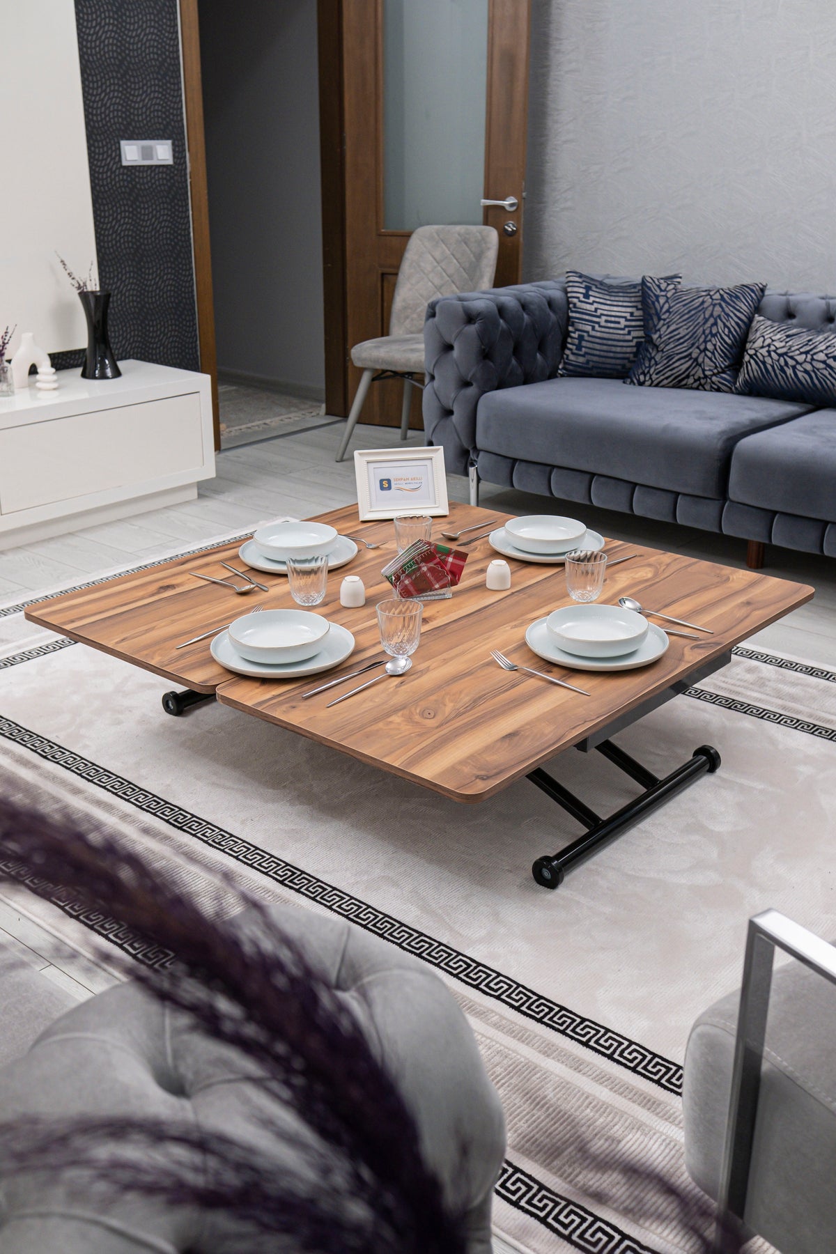 Juppo Smart Coffee Table - Antiquelight MDF Top & Black Outward Curving Metal Legs