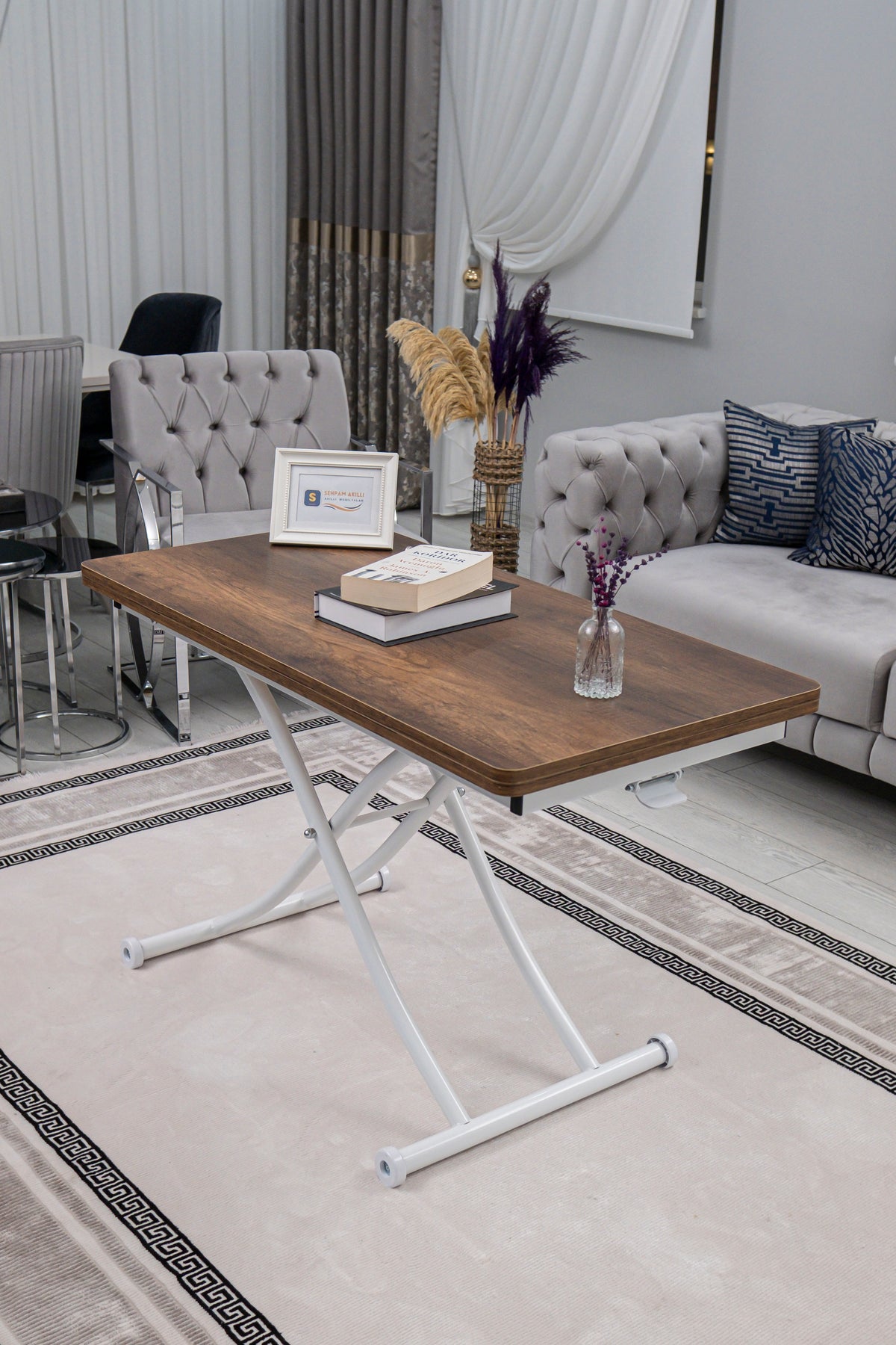 Juppo Smart Coffee Table – Antique Light MDF Top & White Metal Legs