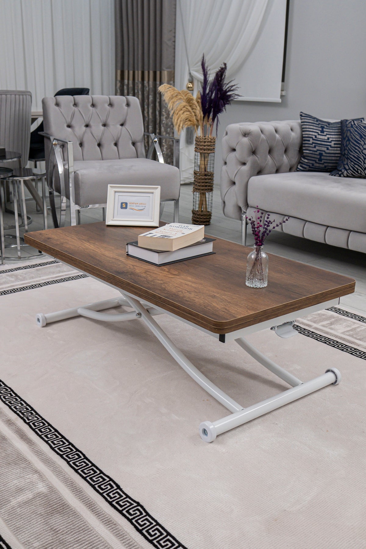 Juppo Smart Coffee Table – Antique Light MDF Top & White Metal Legs