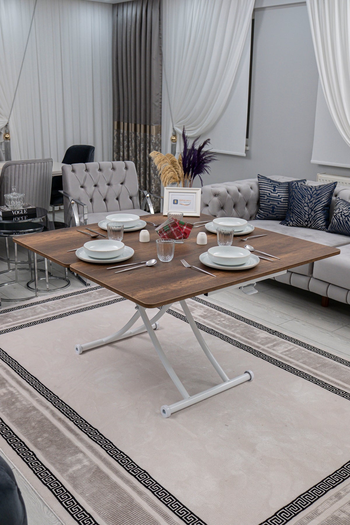 Juppo Smart Coffee Table – Antique Light MDF Top & White Metal Legs