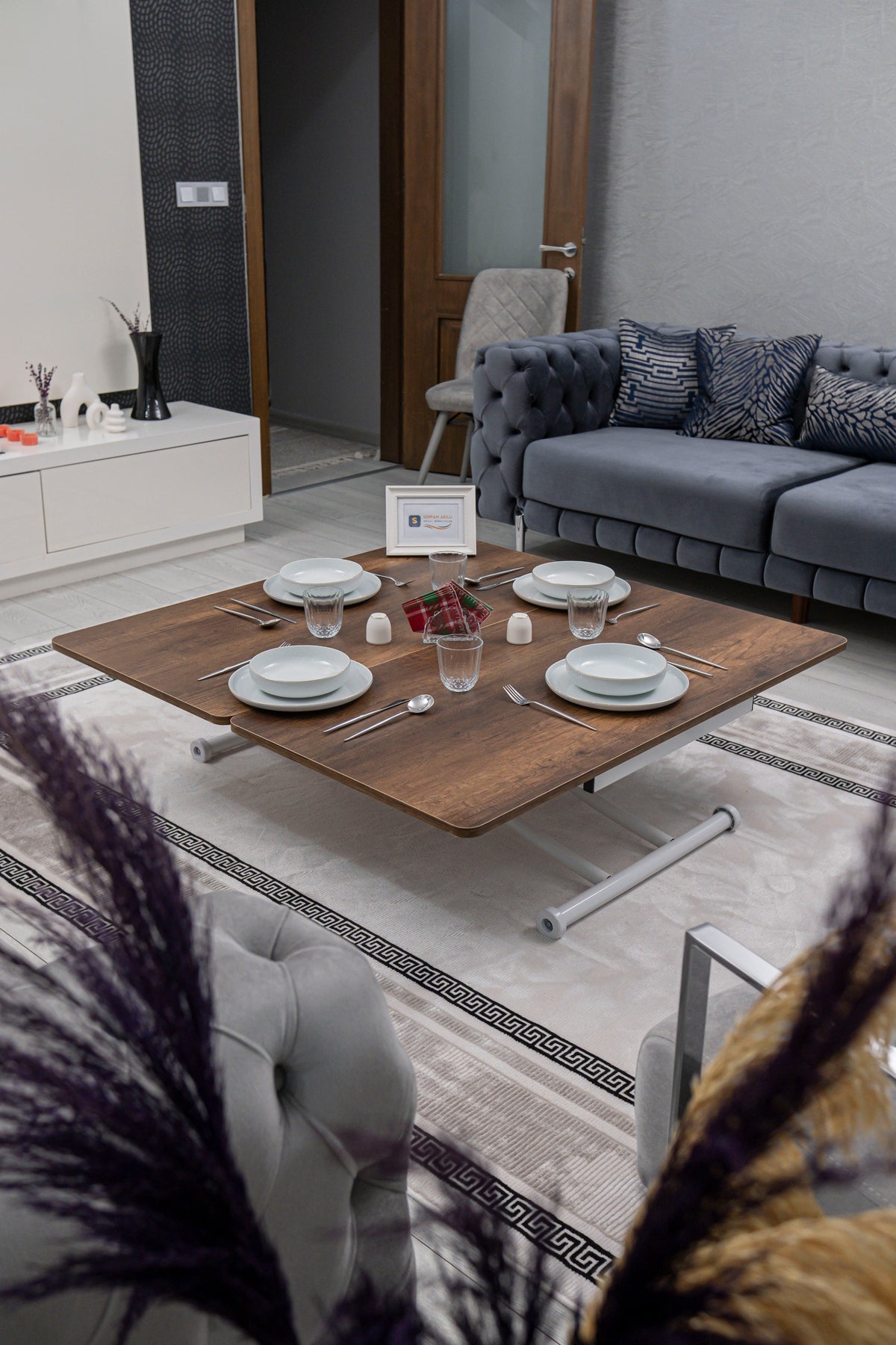 Juppo Smart Coffee Table – Antique Light MDF Top & White Metal Legs