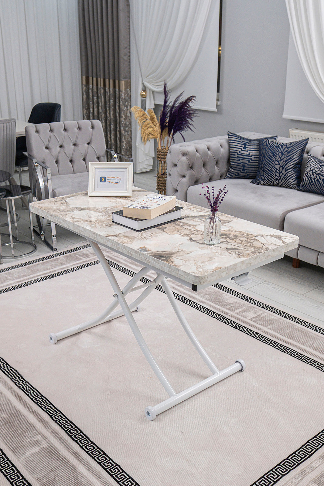 Juppo Smart Coffee Table – White Marble MDF Top & White Metal Leg