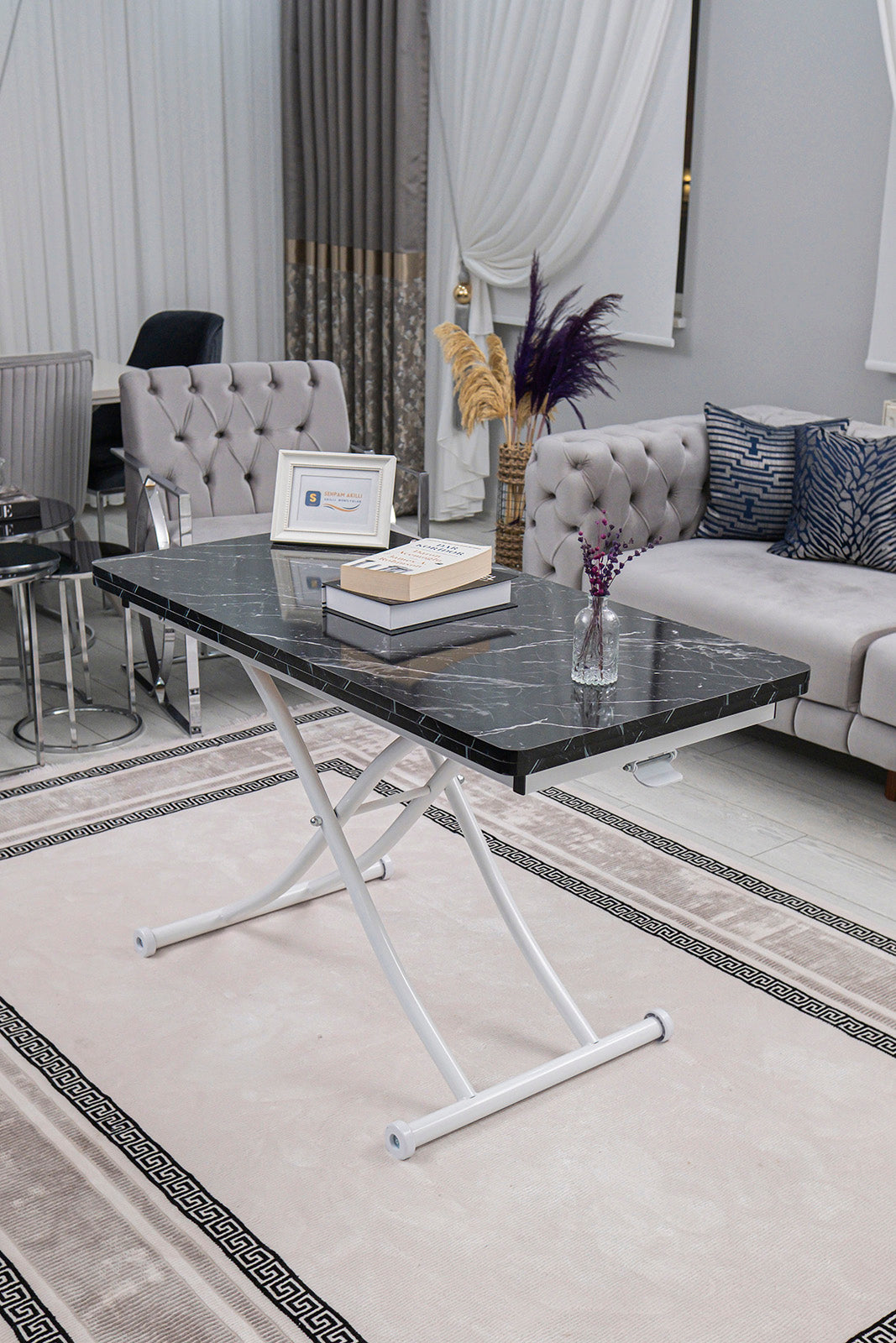 Juppo Smart Coffee Table – Black Marble MDF Top & White Metal Leg