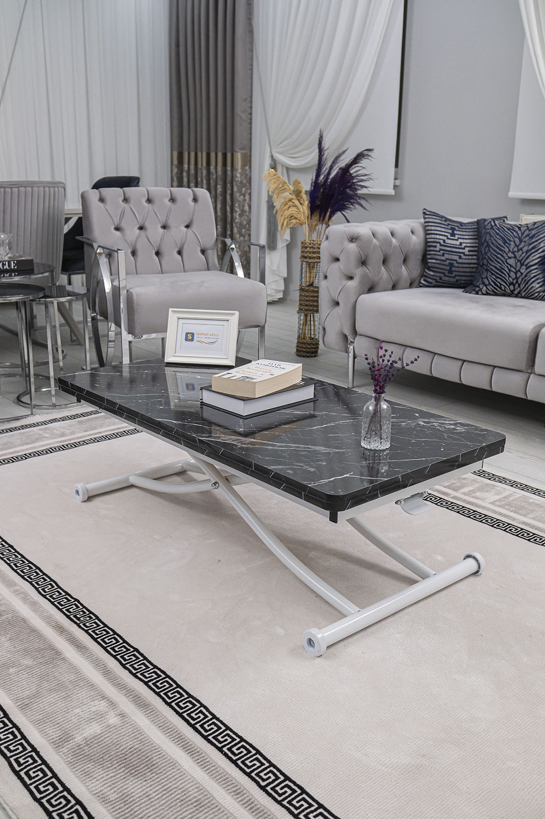 Juppo Smart Coffee Table – Black Marble MDF Top & White Metal Leg