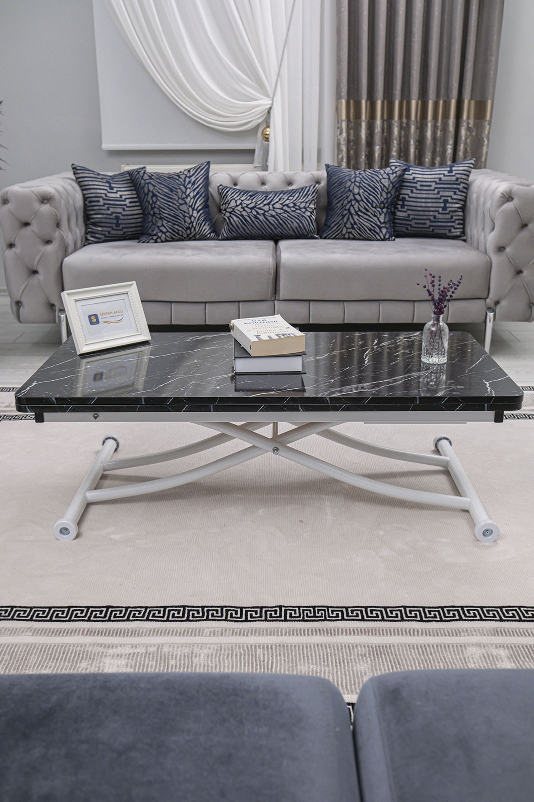 Juppo Smart Coffee Table – Black Marble MDF Top & White Metal Leg