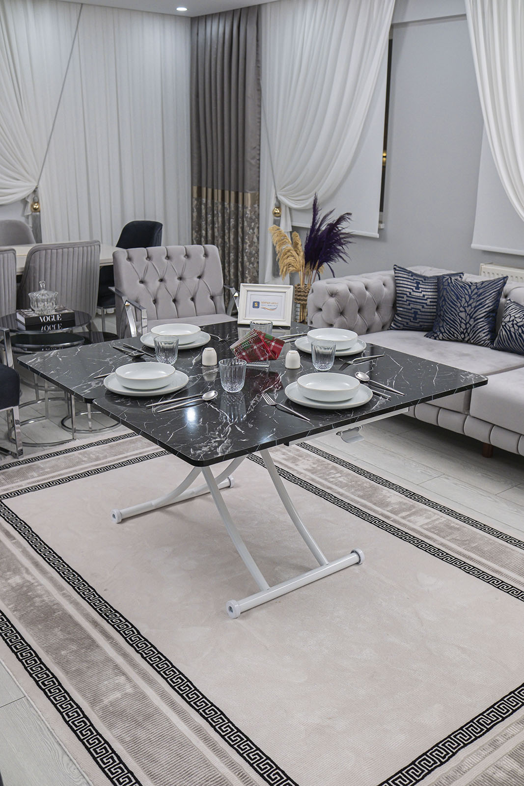 Juppo Smart Coffee Table – Black Marble MDF Top & White Metal Leg