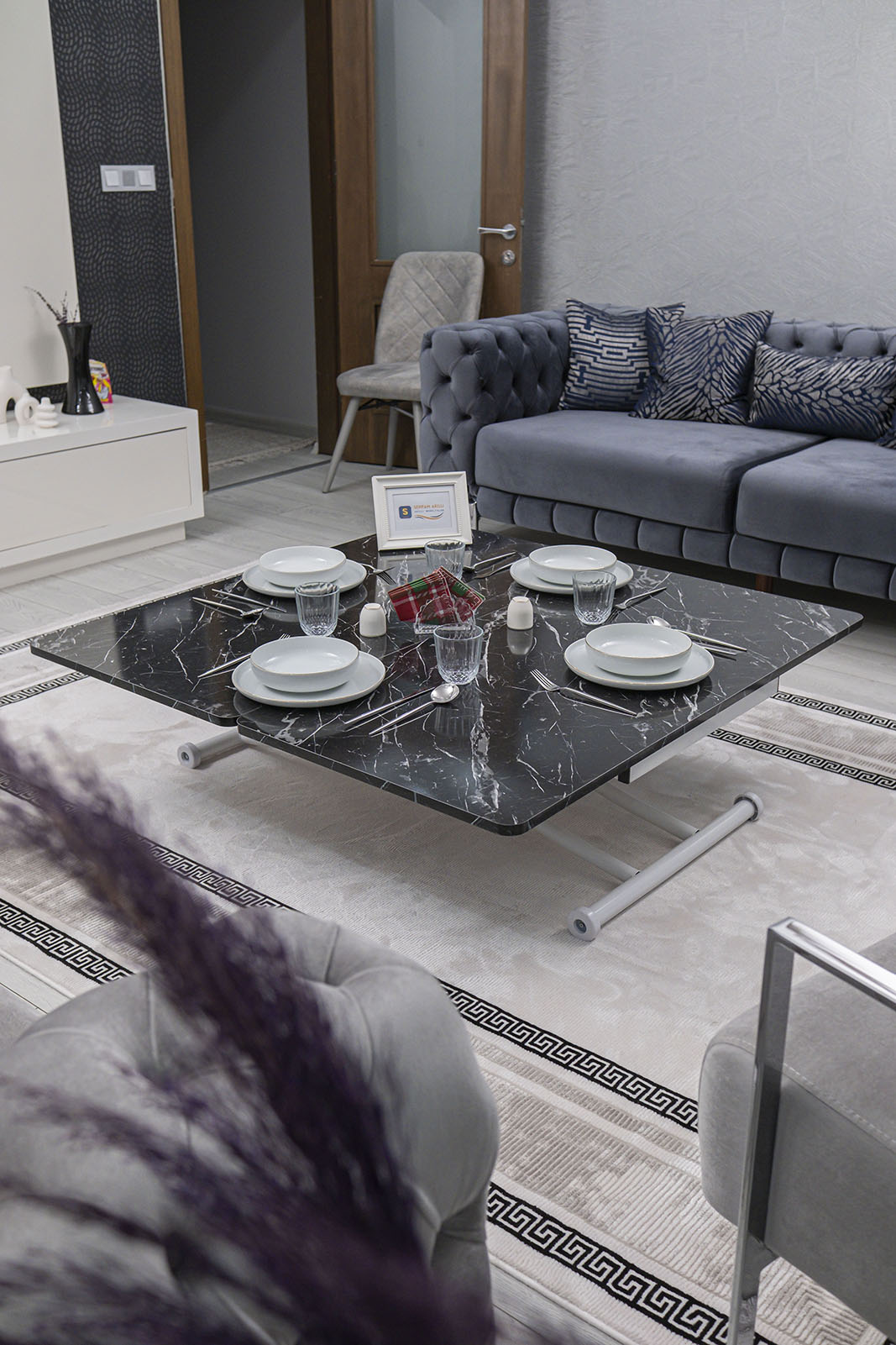 Juppo Smart Coffee Table – Black Marble MDF Top & White Metal Leg