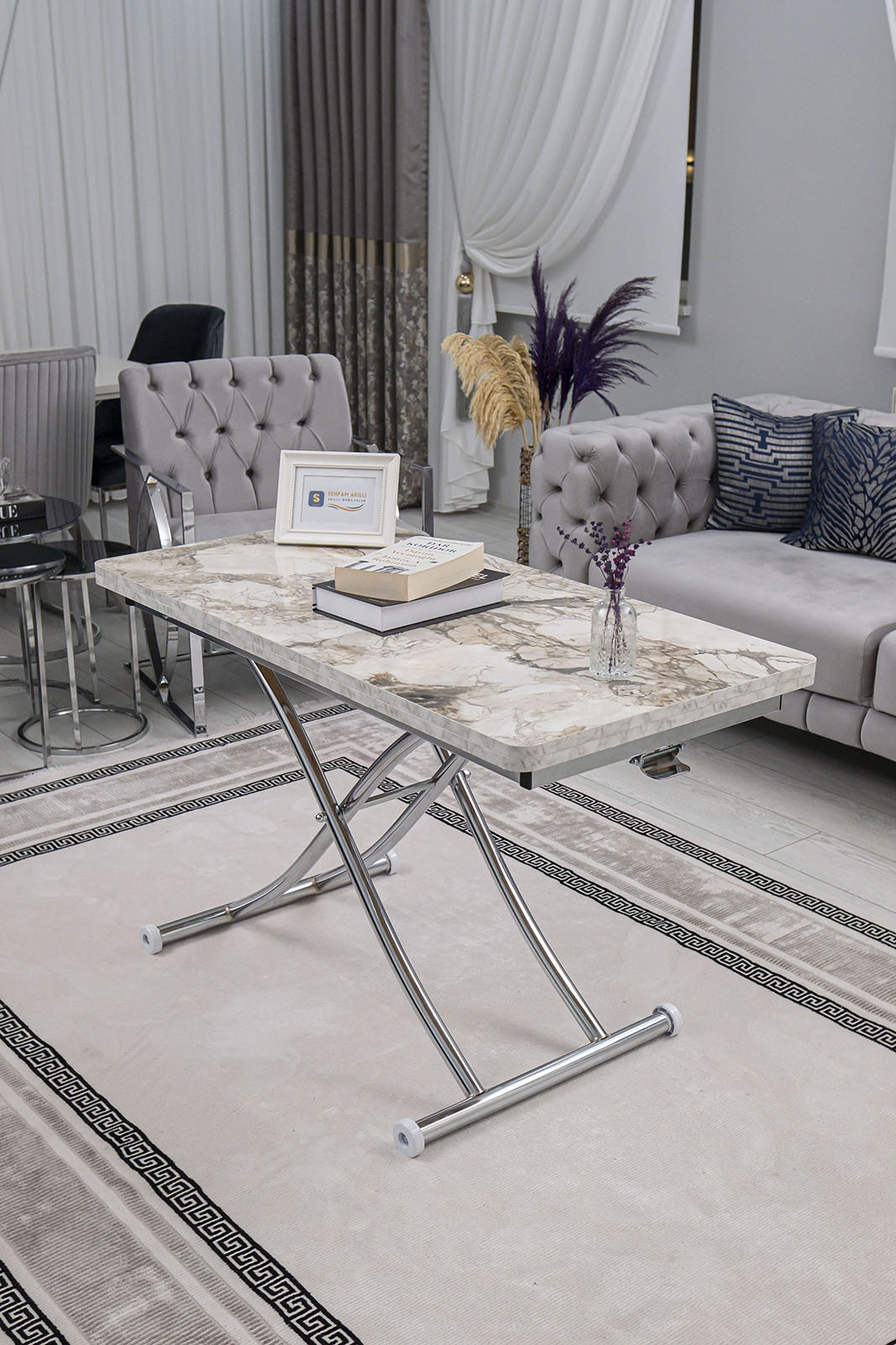 Juppo Smart Coffee Table – White Marble MDF Top & Chrome Metal Leg