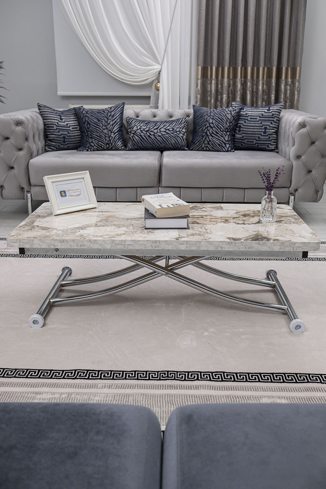 Juppo Smart Coffee Table – White Marble MDF Top & Chrome Metal Leg