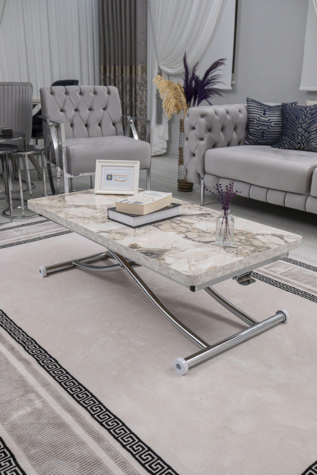 Juppo Smart Coffee Table – White Marble MDF Top & Chrome Metal Leg