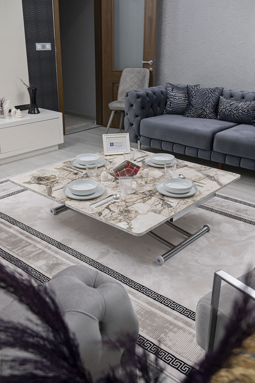 Juppo Smart Coffee Table – White Marble MDF Top & Chrome Metal Leg