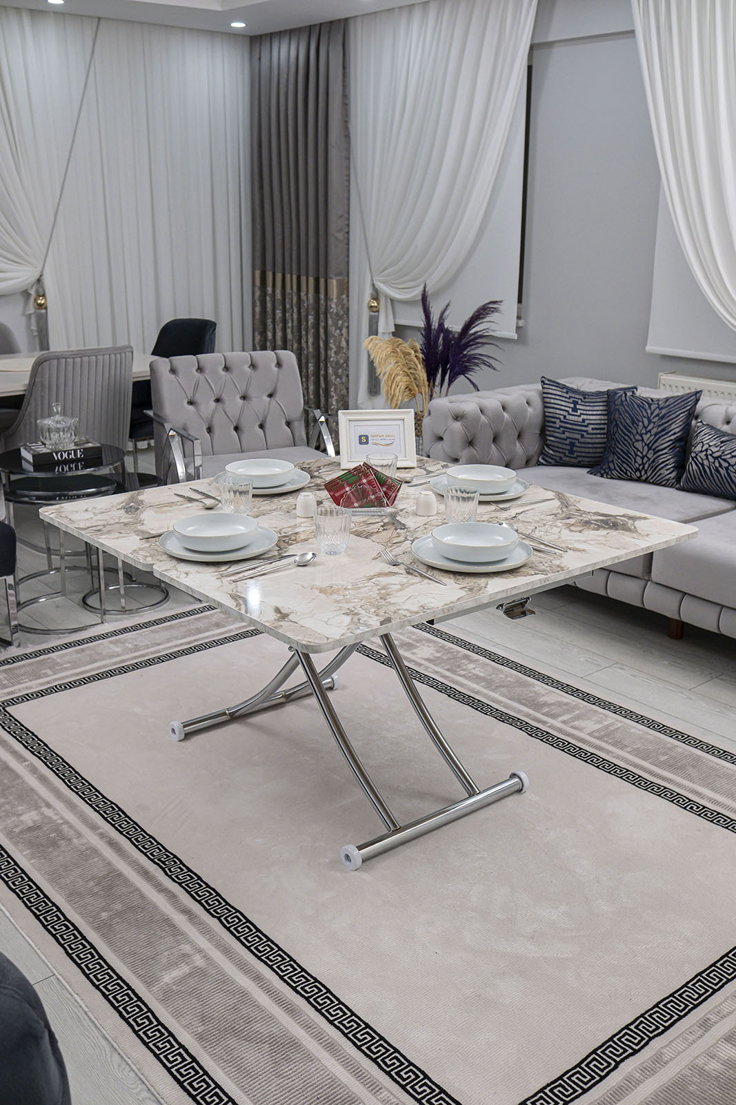 Juppo Smart Coffee Table – White Marble MDF Top & Chrome Metal Leg