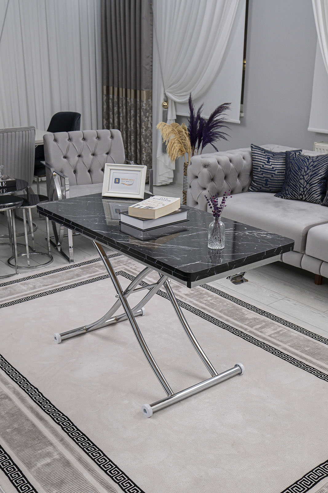 Juppo Smart Coffee Table – Black Marble MDF Top & Chrome Metal Leg