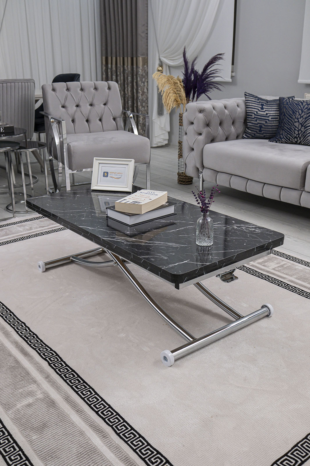 Juppo Smart Coffee Table – Black Marble MDF Top & Chrome Metal Leg