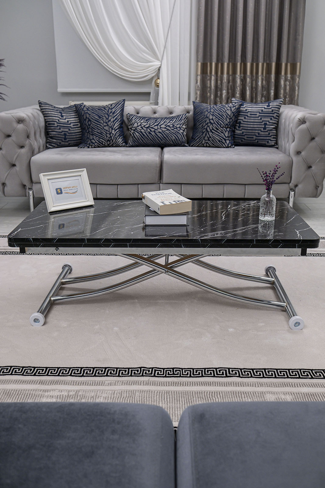 Juppo Smart Coffee Table – Black Marble MDF Top & Chrome Metal Leg
