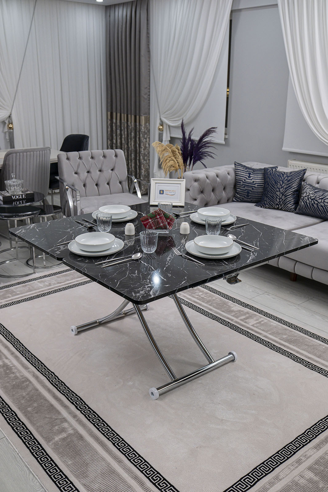 Juppo Smart Coffee Table – Black Marble MDF Top & Chrome Metal Leg